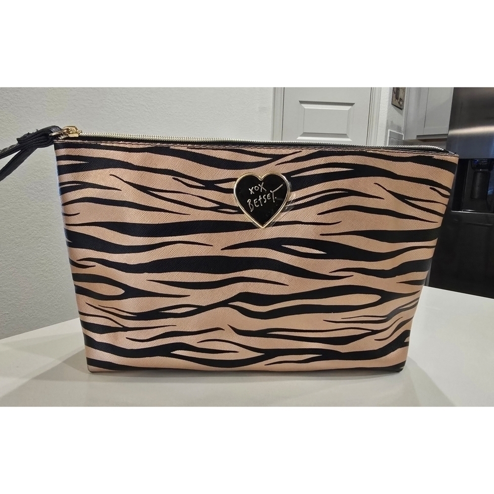 Betsey Johnson Gold & Black Zebra Print Cosmetic Makeup Bag